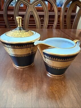 RW Rudolf Wachter Bavaria Elegant Black & Gold Porcelain sugar bowl & creamer